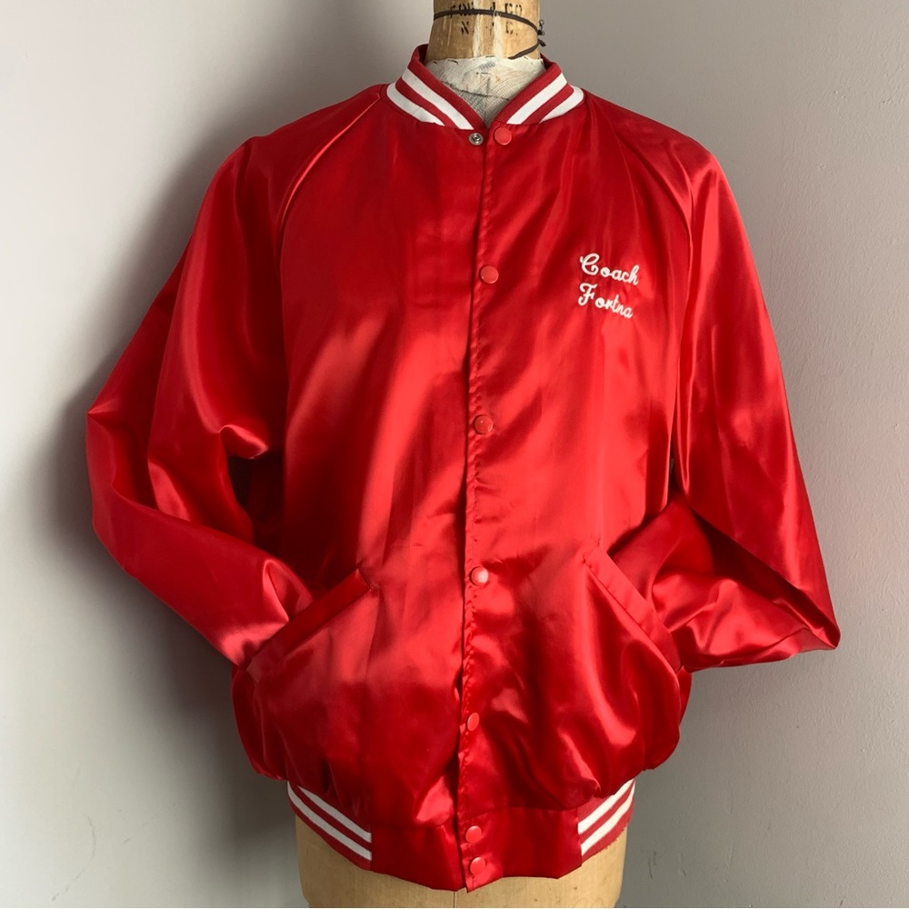Vintage Red Snap Satin Varsity Jacket Shays Vending Coach Fortna XL Cardinal